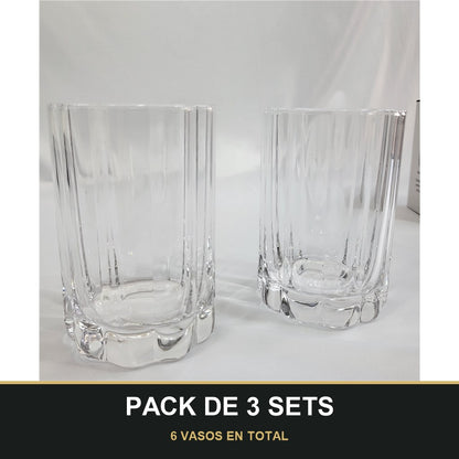 PACK DE 3 SETS — Set de 2 Vasos de Cristal con Borde Ondulado y Tallado Vertical. 6 VASOS EN TOTAL
