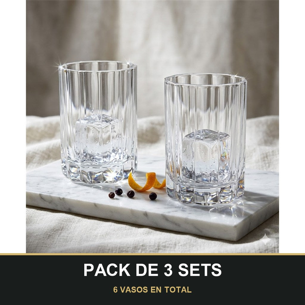 PACK DE 3 SETS — Set de 2 Vasos de Cristal con Borde Ondulado y Tallado Vertical. 6 VASOS EN TOTAL