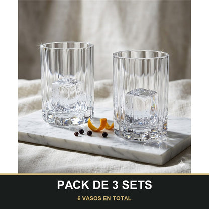 PACK DE 3 SETS — Set de 2 Vasos de Cristal con Borde Ondulado y Tallado Vertical. 6 VASOS EN TOTAL