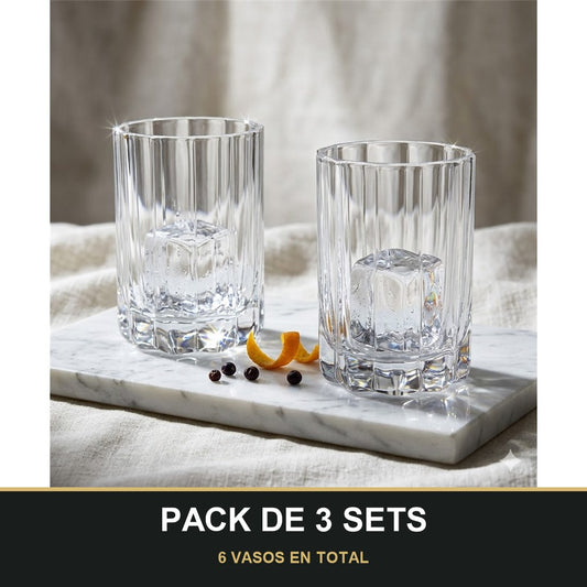 PACK DE 3 SETS — Set de 2 Vasos de Cristal con Borde Ondulado y Tallado Vertical. 6 VASOS EN TOTAL
