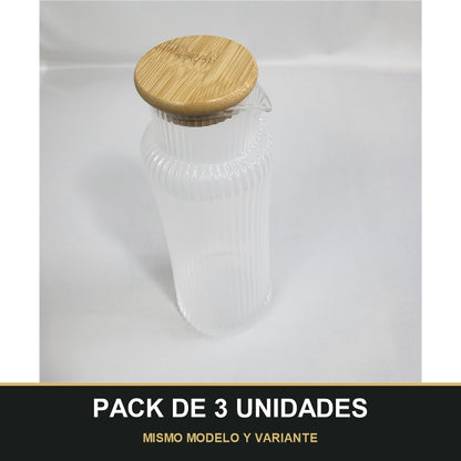 PACK DE 3 UNIDADES — Jarra de Cristal con Estrías Verticales y Tapa de Bambú 1150ml. MISMO MODELO Y VARIANTE