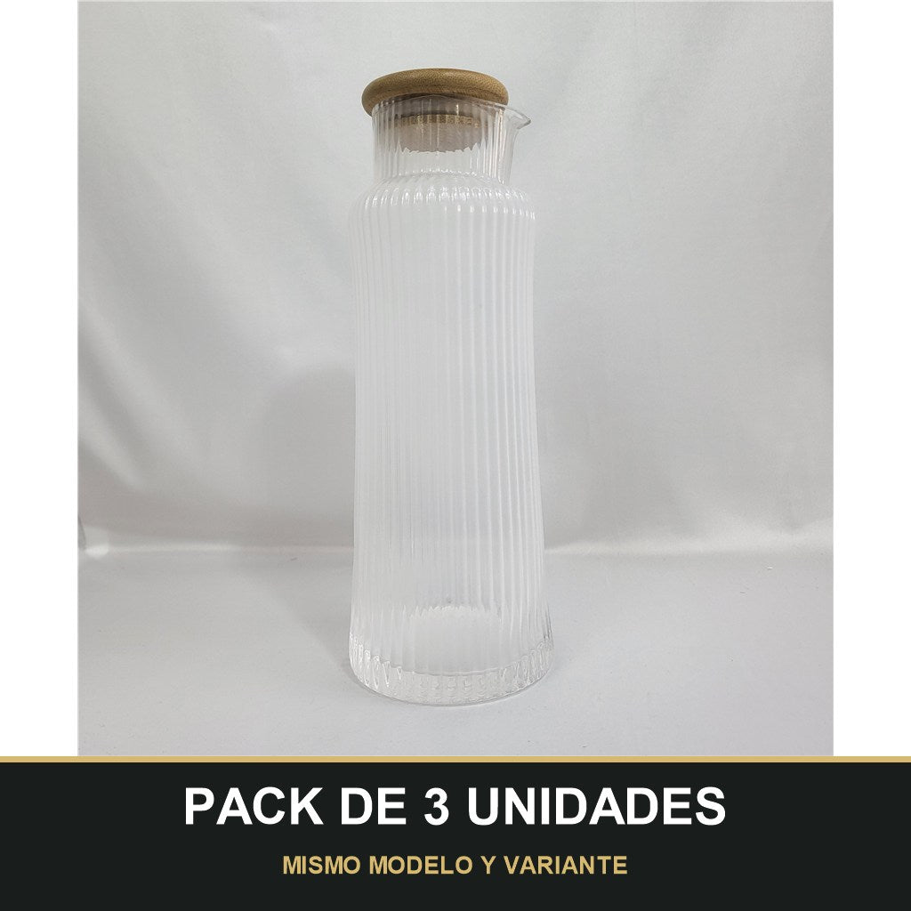 PACK DE 3 UNIDADES — Jarra de Cristal con Estrías Verticales y Tapa de Bambú 1150ml. MISMO MODELO Y VARIANTE