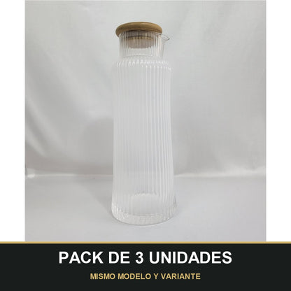 PACK DE 3 UNIDADES — Jarra de Cristal con Estrías Verticales y Tapa de Bambú 1150ml. MISMO MODELO Y VARIANTE