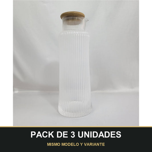 PACK DE 3 UNIDADES — Jarra de Cristal con Estrías Verticales y Tapa de Bambú 1150ml. MISMO MODELO Y VARIANTE