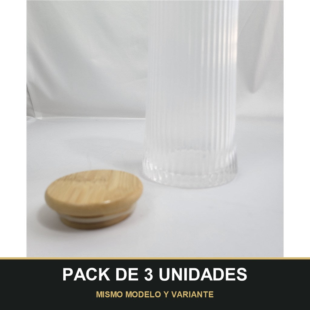 PACK DE 3 UNIDADES — Jarra de Cristal con Estrías Verticales y Tapa de Bambú 1150ml. MISMO MODELO Y VARIANTE