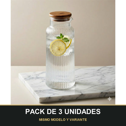 PACK DE 3 UNIDADES — Jarra de Cristal con Estrías Verticales y Tapa de Bambú 1150ml. MISMO MODELO Y VARIANTE