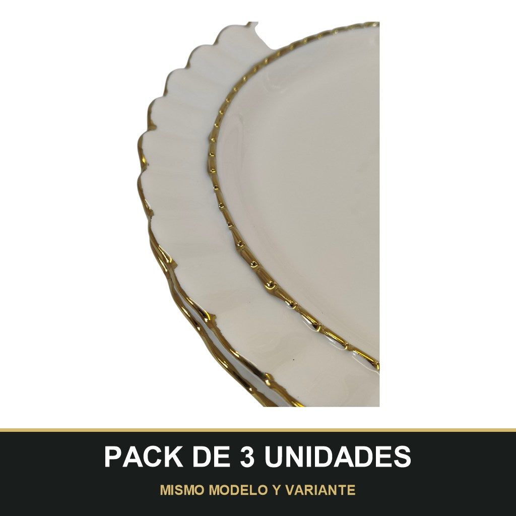 PACK DE 3 UNIDADES — Plato Llano Elegante Blanco con Borde Dorado Ø30,5 cm. MISMO MODELO Y VARIANTE