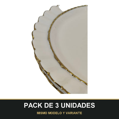 PACK DE 3 UNIDADES — Plato Llano Elegante Blanco con Borde Dorado Ø30,5 cm. MISMO MODELO Y VARIANTE