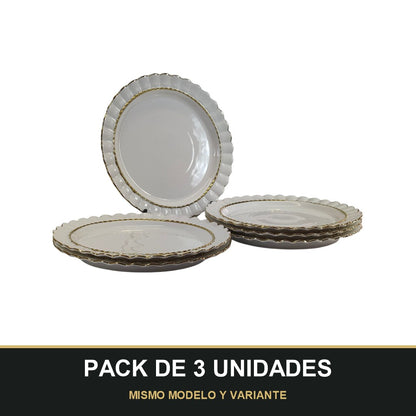 PACK DE 3 UNIDADES — Plato Llano Elegante Blanco con Borde Dorado Ø30,5 cm. MISMO MODELO Y VARIANTE