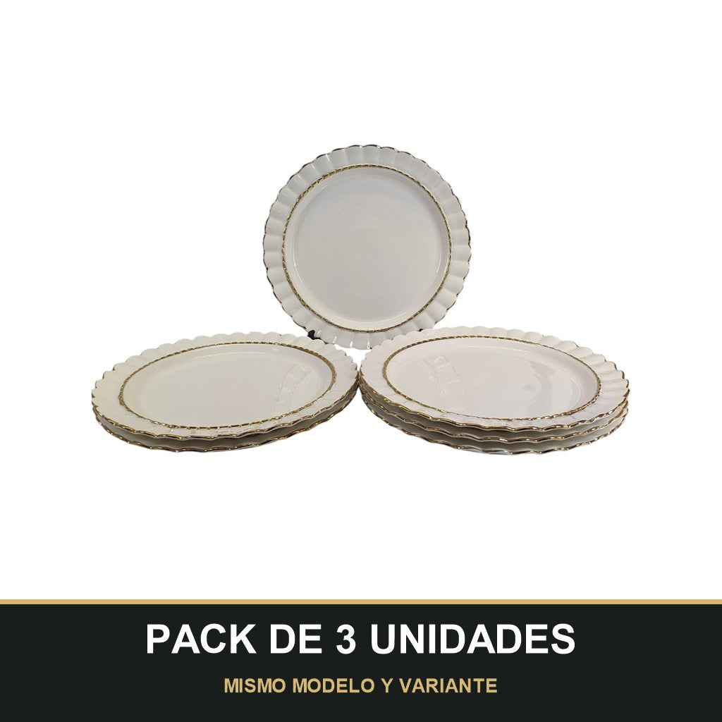 PACK DE 3 UNIDADES — Plato Llano Elegante Blanco con Borde Dorado Ø30,5 cm. MISMO MODELO Y VARIANTE