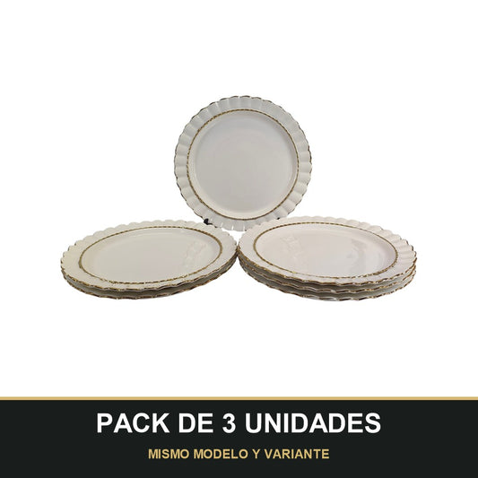 PACK DE 3 UNIDADES — Plato Llano Elegante Blanco con Borde Dorado Ø30,5 cm. MISMO MODELO Y VARIANTE