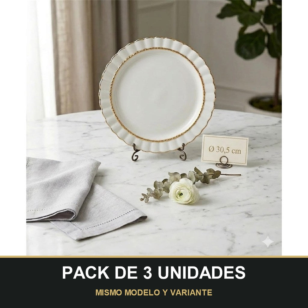 PACK DE 3 UNIDADES — Plato Llano Elegante Blanco con Borde Dorado Ø30,5 cm. MISMO MODELO Y VARIANTE