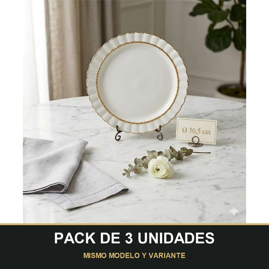 PACK DE 3 UNIDADES — Plato Llano Elegante Blanco con Borde Dorado Ø30,5 cm. MISMO MODELO Y VARIANTE