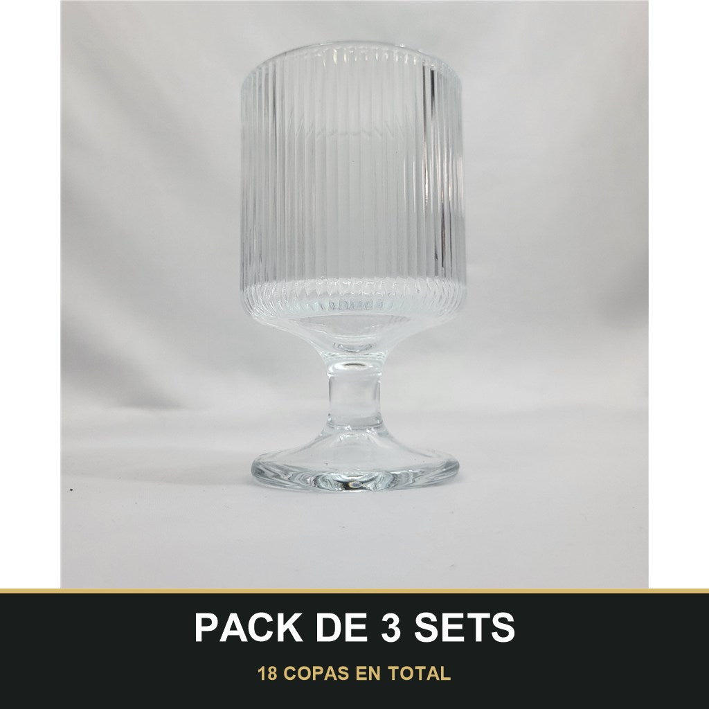 PACK DE 3 SETS — Set 6 Copas de Cristal Nervado Transparente. 18 COPAS EN TOTAL