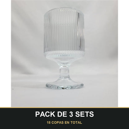 PACK DE 3 SETS — Set 6 Copas de Cristal Nervado Transparente. 18 COPAS EN TOTAL