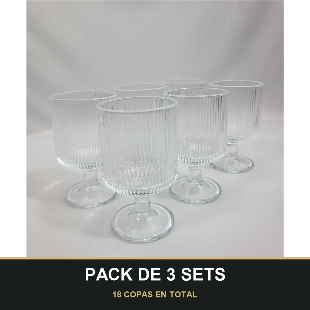 PACK DE 3 SETS — Set 6 Copas de Cristal Nervado Transparente. 18 COPAS EN TOTAL