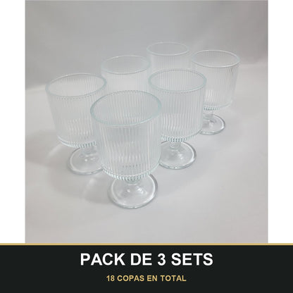 PACK DE 3 SETS — Set 6 Copas de Cristal Nervado Transparente. 18 COPAS EN TOTAL