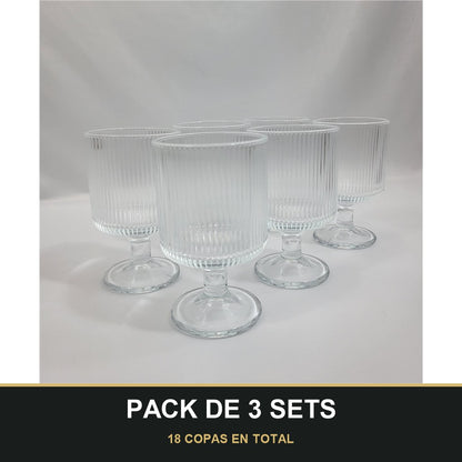 PACK DE 3 SETS — Set 6 Copas de Cristal Nervado Transparente. 18 COPAS EN TOTAL