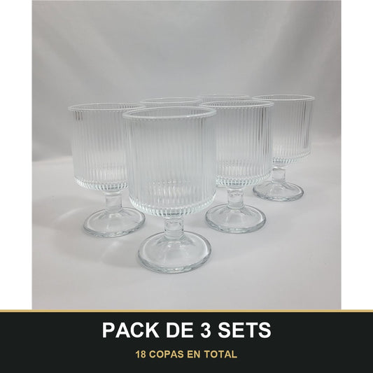 PACK DE 3 SETS — Set 6 Copas de Cristal Nervado Transparente. 18 COPAS EN TOTAL