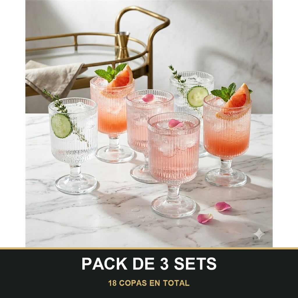 PACK DE 3 SETS — Set 6 Copas de Cristal Nervado Transparente. 18 COPAS EN TOTAL