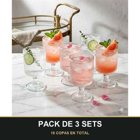 PACK DE 3 SETS — Set 6 Copas de Cristal Nervado Transparente. 18 COPAS EN TOTAL