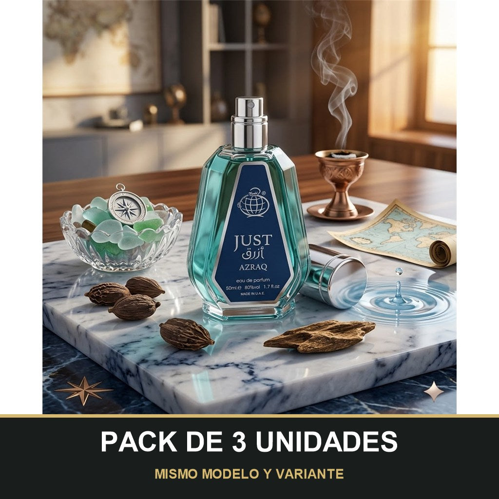PACK DE 3 UNIDADES — Just Azraq de Fragrance World · 50 ml. MISMO MODELO Y VARIANTE