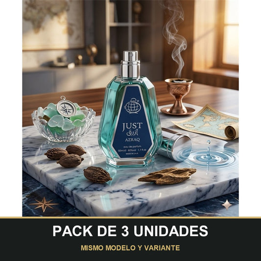 PACK DE 3 UNIDADES — Just Azraq de Fragrance World · 50 ml. MISMO MODELO Y VARIANTE