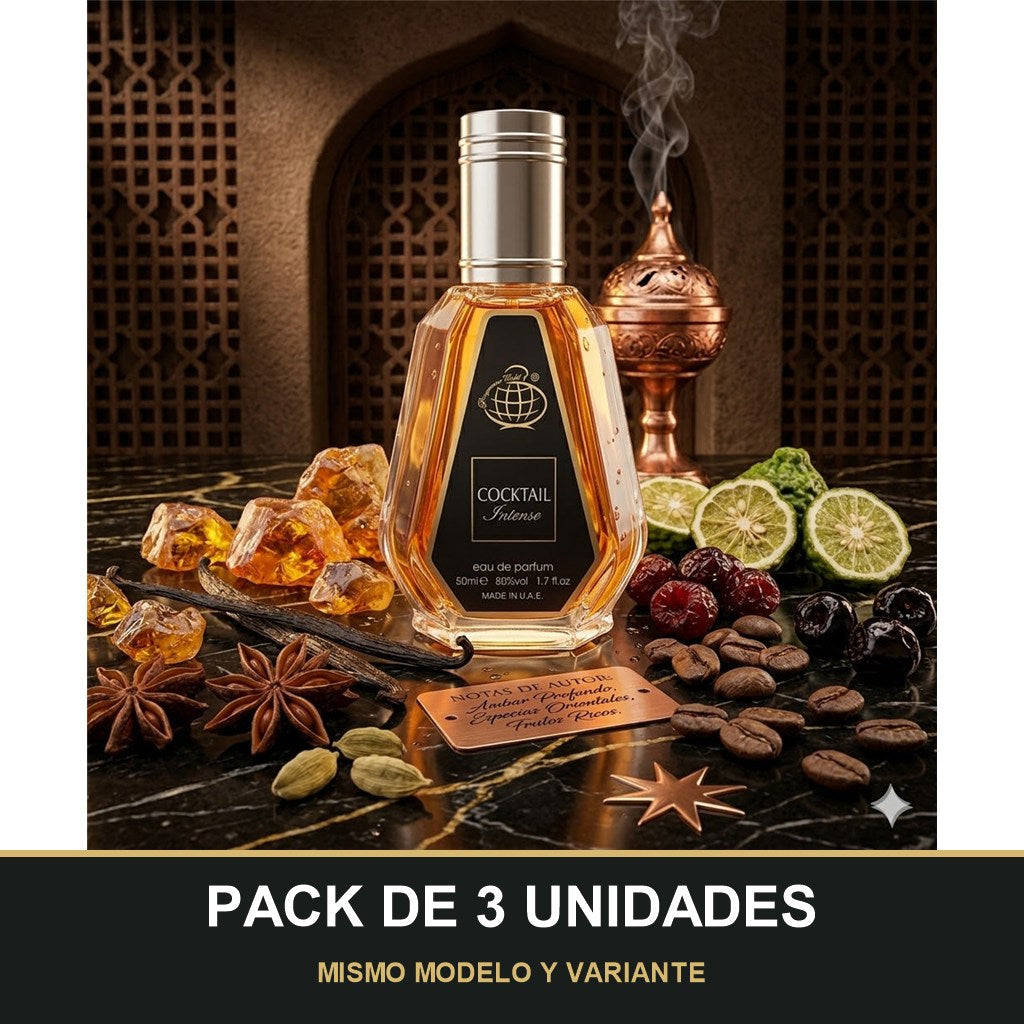 PACK DE 3 UNIDADES — Cocktail Intense de Fragrance World · 50 ml. MISMO MODELO Y VARIANTE