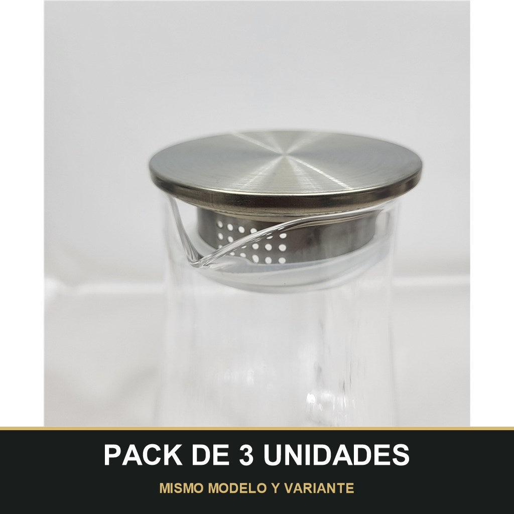 PACK DE 3 UNIDADES — Jarra de Cristal Liria con Infusor y Tapa Metálica 🍵. MISMO MODELO Y VARIANTE