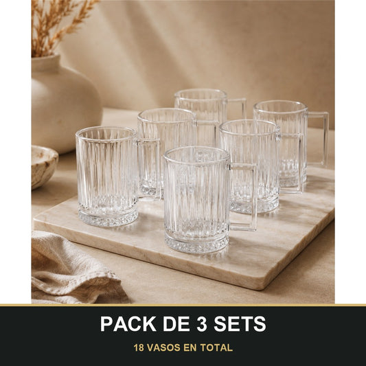 PACK DE 3 SETS — Set de 6 Vasos de Cristal Aris con Asa ✨. 18 VASOS EN TOTAL