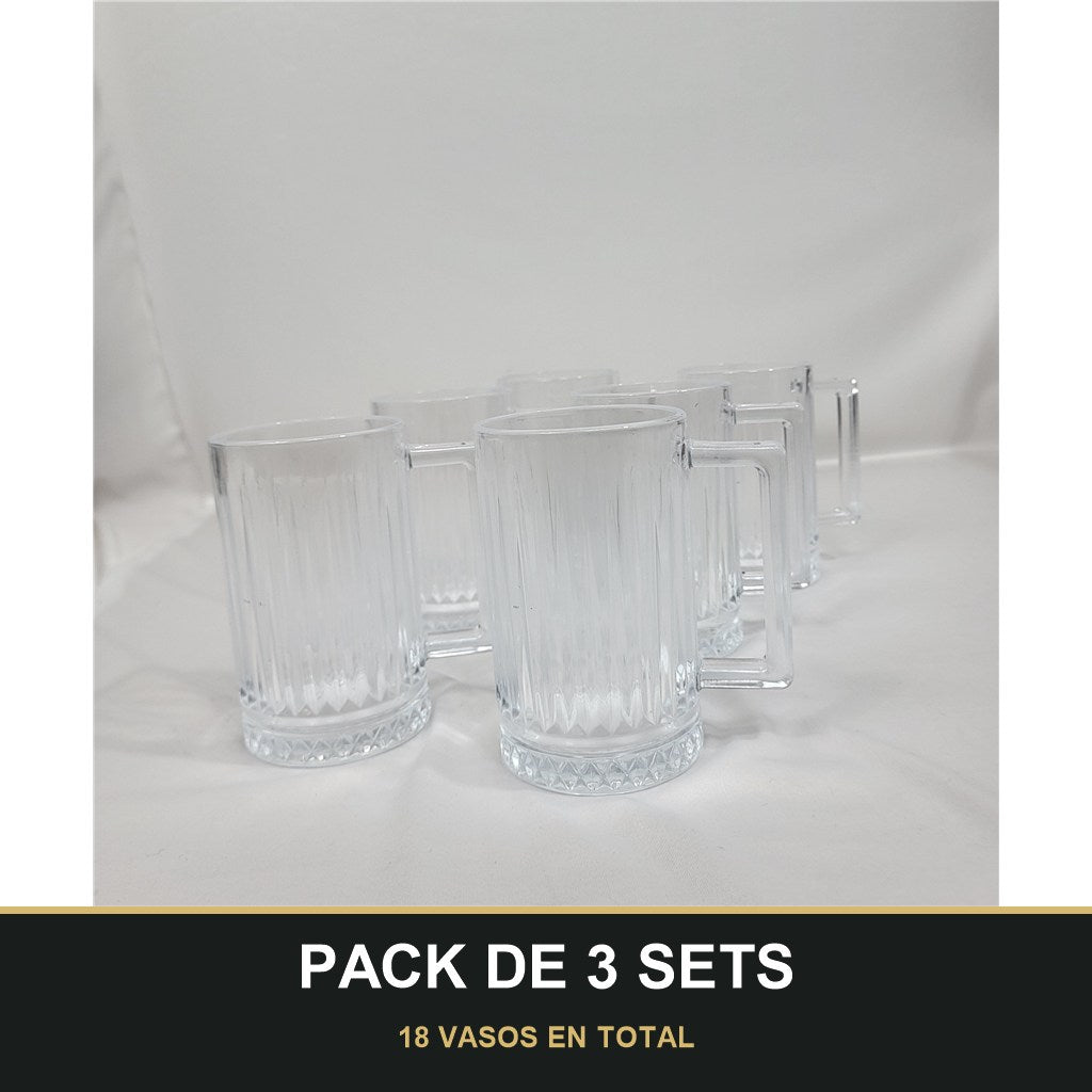 PACK DE 3 SETS — Set de 6 Vasos de Cristal Aris con Asa ✨. 18 VASOS EN TOTAL