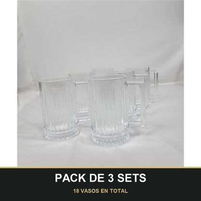 PACK DE 3 SETS — Set de 6 Vasos de Cristal Aris con Asa ✨. 18 VASOS EN TOTAL