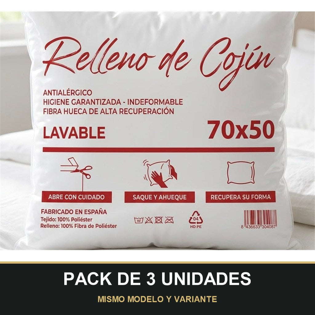 PACK DE 3 UNIDADES — Relleno de Cojín Nube 70x50 cm – Fibra Hueca Lavable e Indeformable. MISMO MODELO Y VARIANTE