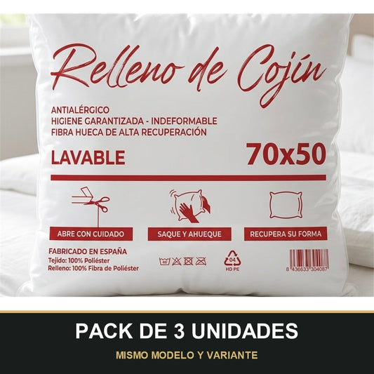 PACK DE 3 UNIDADES — Relleno de Cojín Nube 70x50 cm – Fibra Hueca Lavable e Indeformable. MISMO MODELO Y VARIANTE