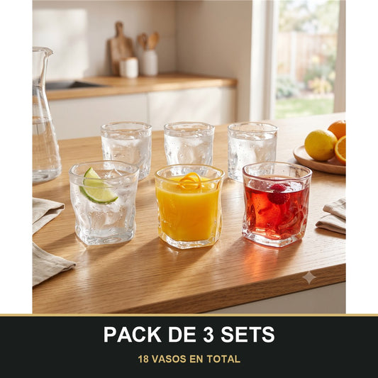 PACK DE 3 SETS — Set de 6 Vasos de Vidrio Texturizados para Agua, Zumo y Refrescos. 18 VASOS EN TOTAL