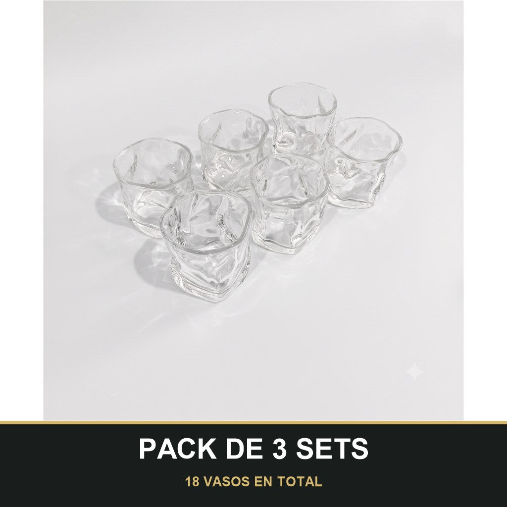 PACK DE 3 SETS — Set de 6 Vasos de Vidrio Texturizados para Agua, Zumo y Refrescos. 18 VASOS EN TOTAL