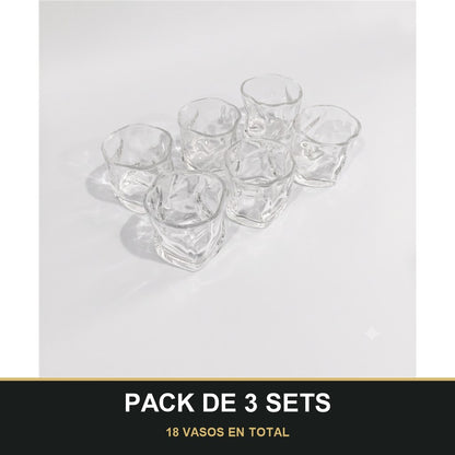 PACK DE 3 SETS — Set de 6 Vasos de Vidrio Texturizados para Agua, Zumo y Refrescos. 18 VASOS EN TOTAL