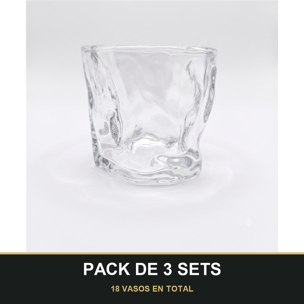 PACK DE 3 SETS — Set de 6 Vasos de Vidrio Texturizados para Agua, Zumo y Refrescos. 18 VASOS EN TOTAL