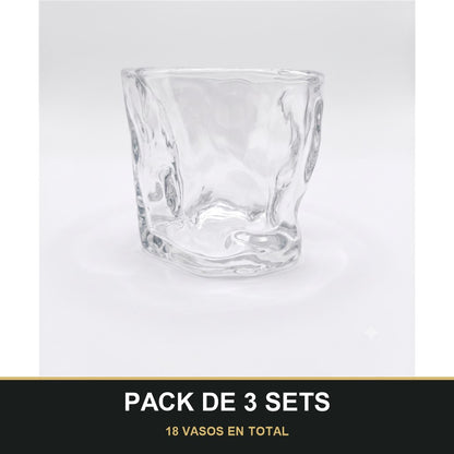 PACK DE 3 SETS — Set de 6 Vasos de Vidrio Texturizados para Agua, Zumo y Refrescos. 18 VASOS EN TOTAL