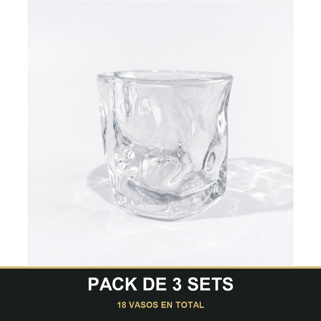 PACK DE 3 SETS — Set de 6 Vasos de Vidrio Texturizados para Agua, Zumo y Refrescos. 18 VASOS EN TOTAL