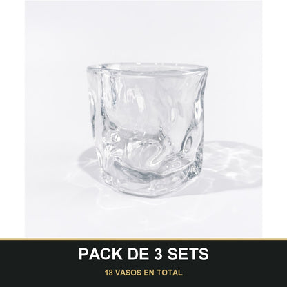 PACK DE 3 SETS — Set de 6 Vasos de Vidrio Texturizados para Agua, Zumo y Refrescos. 18 VASOS EN TOTAL
