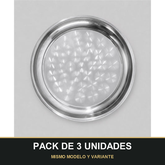 PACK DE 3 UNIDADES — Bandeja Redonda de Acero Inoxidable Multiusos - 36cm diámetro – Resistente, Elegante y Fácil de Limpiar. MISMO MODELO Y VARIANTE