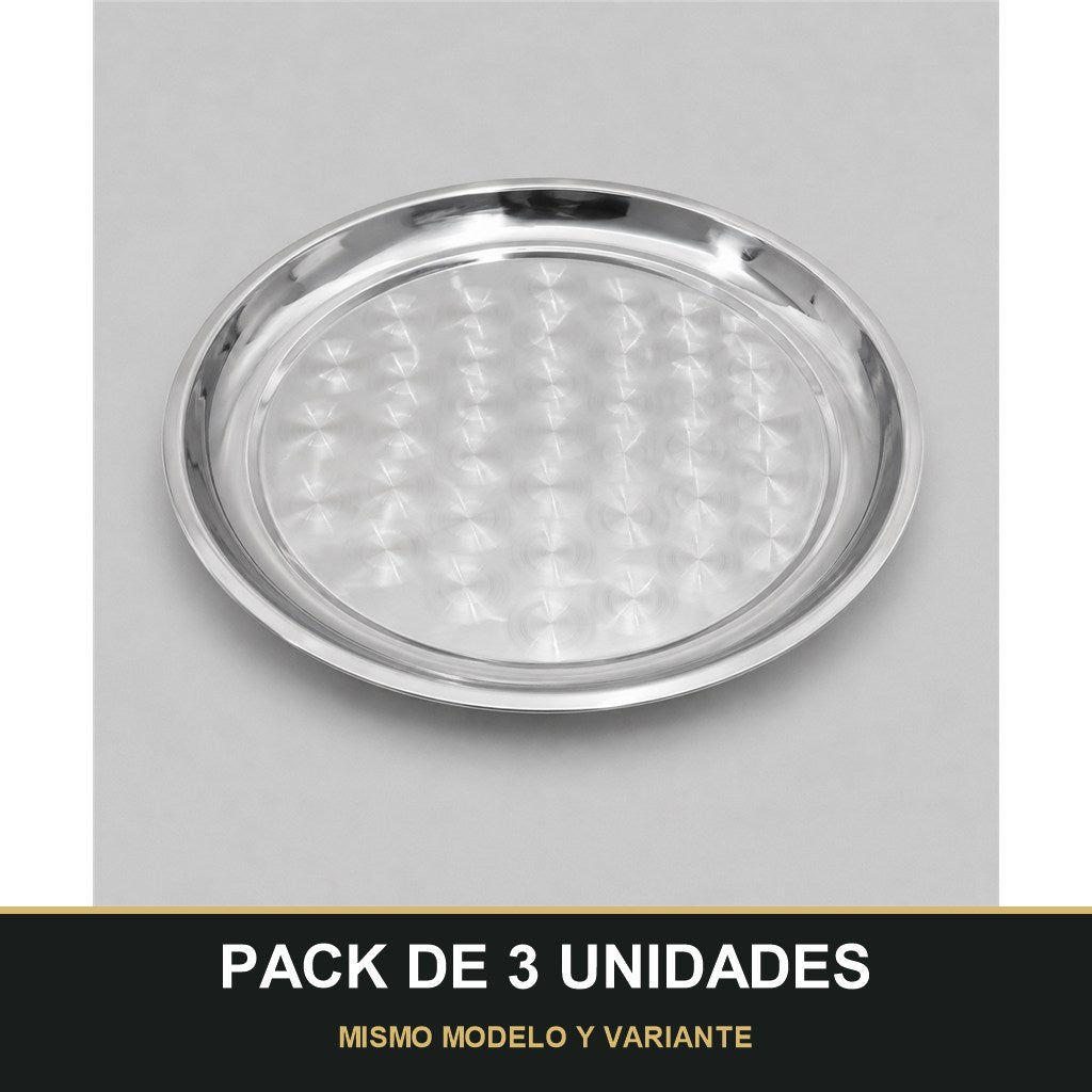 PACK DE 3 UNIDADES — Bandeja Redonda de Acero Inoxidable Multiusos - 36cm diámetro – Resistente, Elegante y Fácil de Limpiar. MISMO MODELO Y VARIANTE
