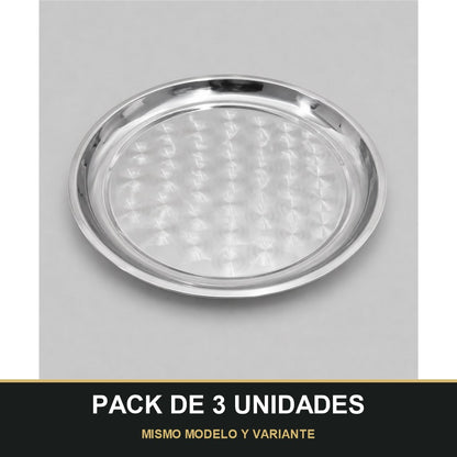 PACK DE 3 UNIDADES — Bandeja Redonda de Acero Inoxidable Multiusos - 36cm diámetro – Resistente, Elegante y Fácil de Limpiar. MISMO MODELO Y VARIANTE