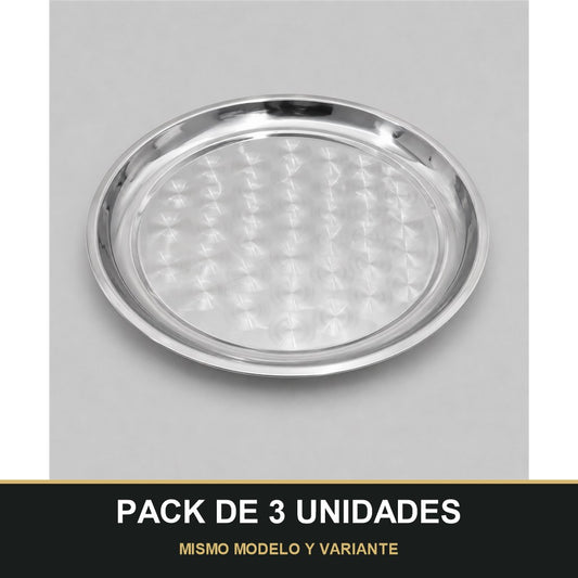 PACK DE 3 UNIDADES — Bandeja Redonda de Acero Inoxidable Multiusos - 36cm diámetro – Resistente, Elegante y Fácil de Limpiar. MISMO MODELO Y VARIANTE
