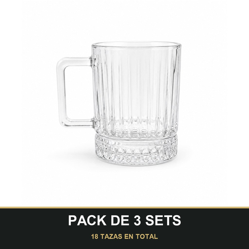 PACK DE 3 SETS — Set de 6 Tazas de Cristal con Asa – Diseño Elegante para Zumos, Café, Té e Infusiones. 18 TAZAS EN TOTAL