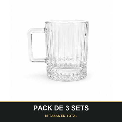 PACK DE 3 SETS — Set de 6 Tazas de Cristal con Asa – Diseño Elegante para Zumos, Café, Té e Infusiones. 18 TAZAS EN TOTAL