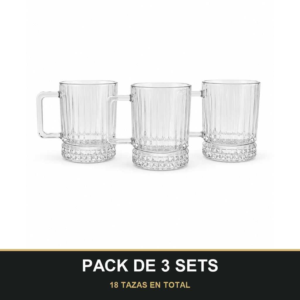 PACK DE 3 SETS — Set de 6 Tazas de Cristal con Asa – Diseño Elegante para Zumos, Café, Té e Infusiones. 18 TAZAS EN TOTAL
