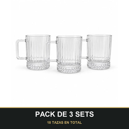PACK DE 3 SETS — Set de 6 Tazas de Cristal con Asa – Diseño Elegante para Zumos, Café, Té e Infusiones. 18 TAZAS EN TOTAL