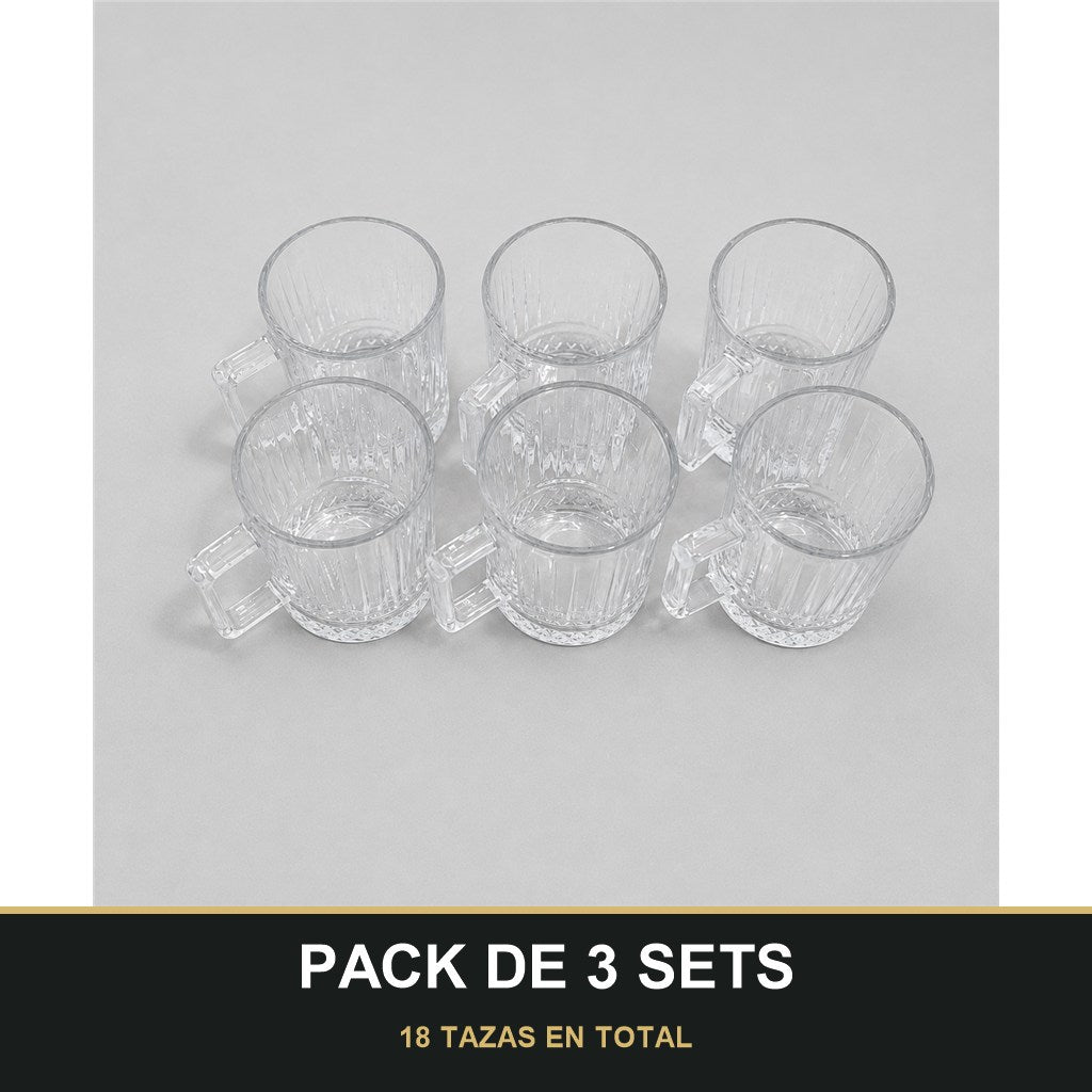 PACK DE 3 SETS — Set de 6 Tazas de Cristal con Asa – Diseño Elegante para Zumos, Café, Té e Infusiones. 18 TAZAS EN TOTAL